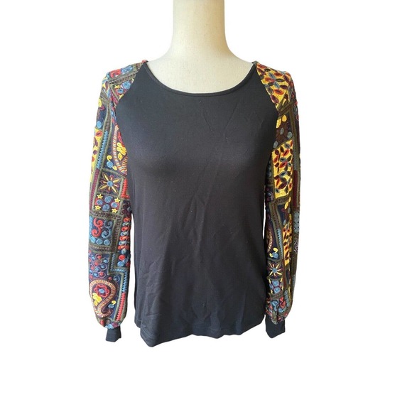 Eva Franco Black Top Blouse Boho Ethnic Sheer Embroidered Sleeves‎ 0 Small New - Picture 1 of 6